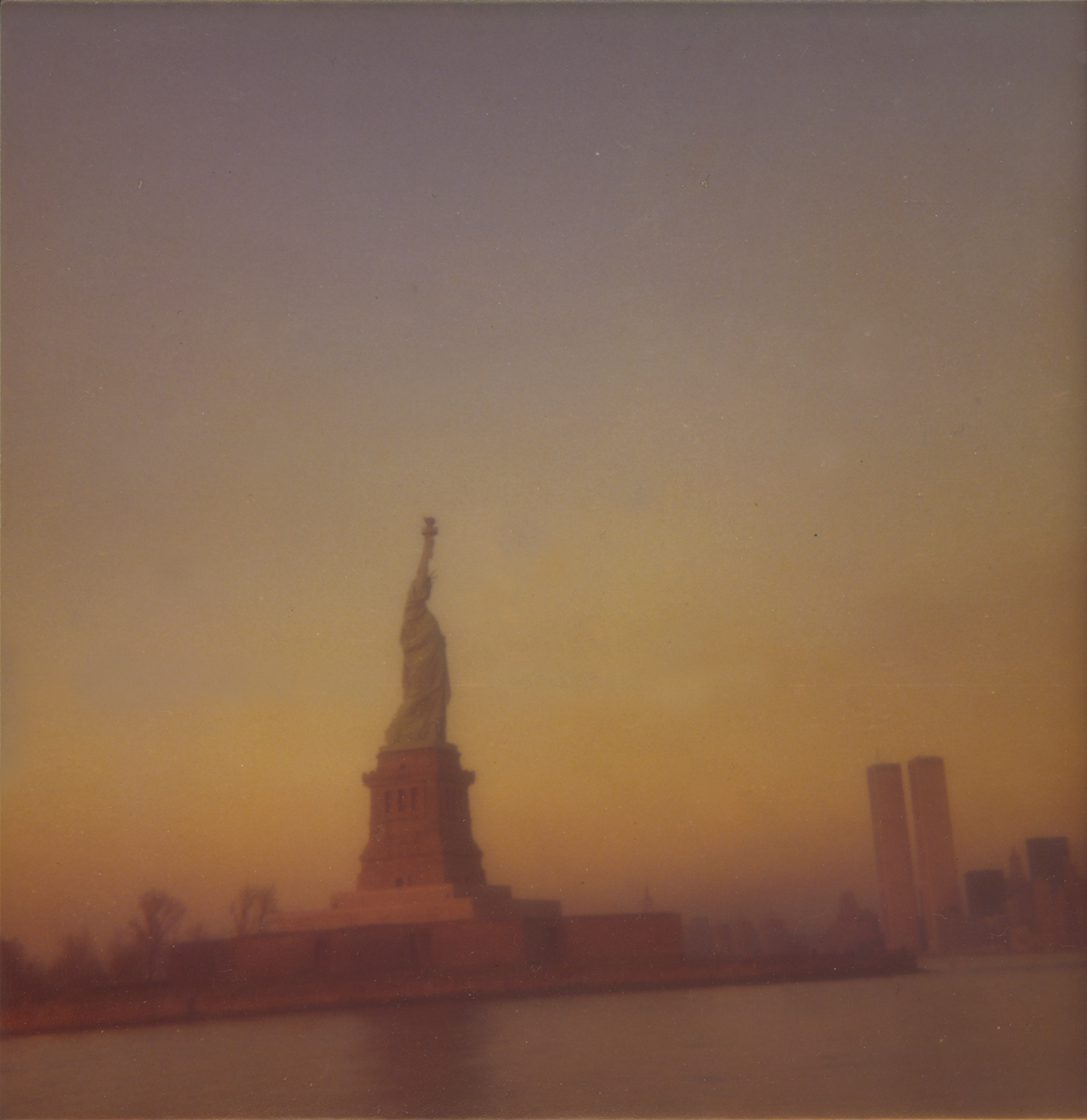 New York City Skyline with Statue of Liberty and Twin Towers of the World Trade Center