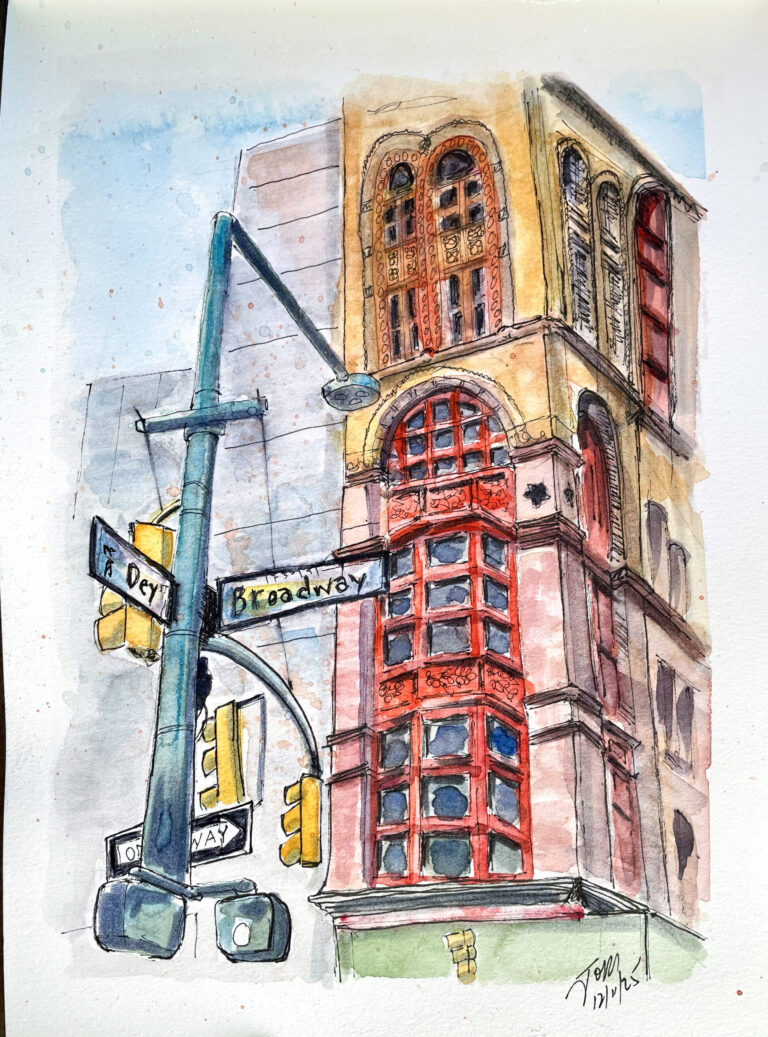 Urban sketch of NYC Broadway and Dey