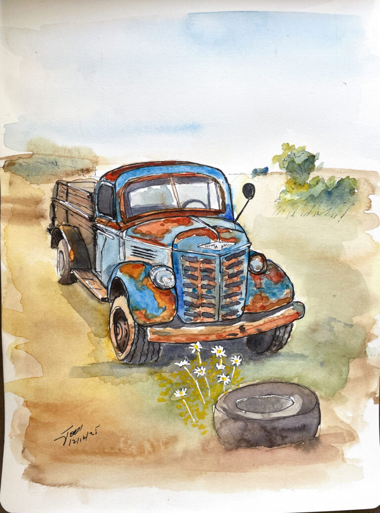 urban sketch of an old truck in a field using ink and watercolor